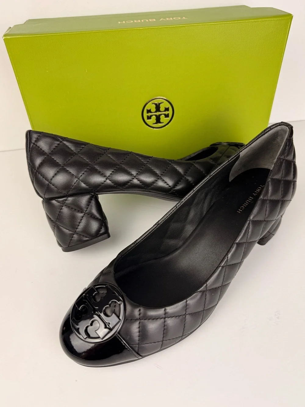 Tory Burch Chelsea 50mm Quilted Pumps Black Leather Patent Cap Toe Block Heels
